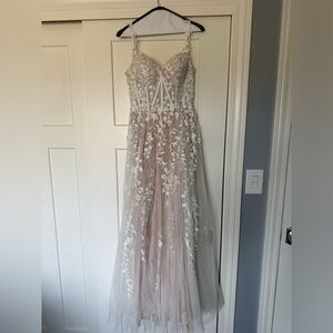 Sherri Hill Ivory and Tan Lace A-Line Dress